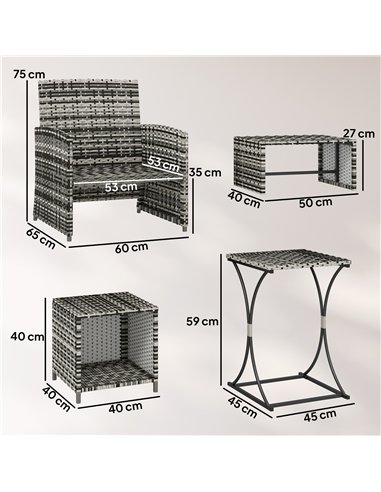 Outsunny 6 Piece Rattan Garden Furniture, Space-Saving Patio Furniture Set with Nesting Tables, Chairs, Stools, Cushions, Grey