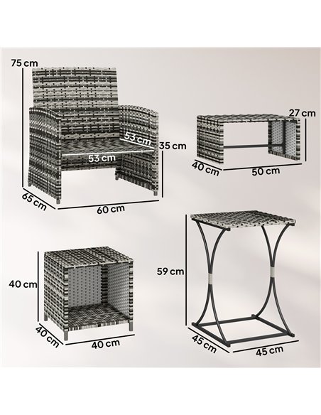Outsunny 6 Piece Rattan Garden Furniture, Space-Saving Patio Furniture Set with Nesting Tables, Chairs, Stools, Cushions, Grey - pic 198810 | FastDaddyshop