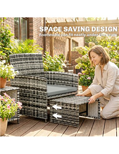 Outsunny 6 Piece Rattan Garden Furniture, Space-Saving Patio Furniture Set with Nesting Tables, Chairs, Stools, Cushions, Grey