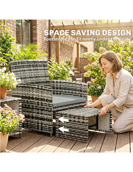 Outsunny 6 Piece Rattan Garden Furniture, Space-Saving Patio Furniture Set with Nesting Tables, Chairs, Stools, Cushions, Grey - pic 198811 | FastDaddyshop