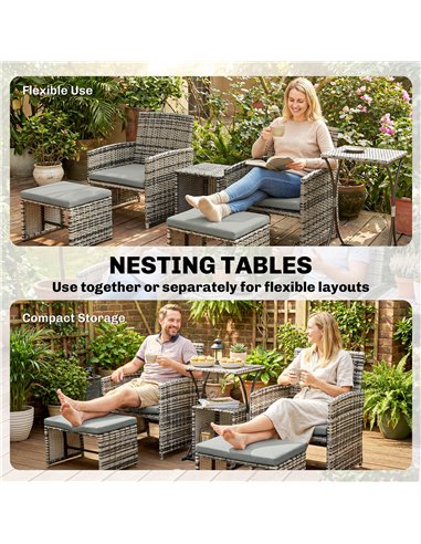 Outsunny 6 Piece Rattan Garden Furniture, Space-Saving Patio Furniture Set with Nesting Tables, Chairs, Stools, Cushions, Grey