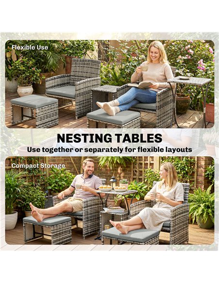 Outsunny 6 Piece Rattan Garden Furniture, Space-Saving Patio Furniture Set with Nesting Tables, Chairs, Stools, Cushions, Grey - pic 198812 | FastDaddyshop