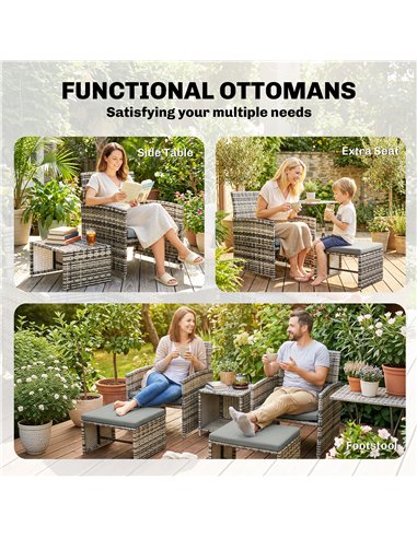 Outsunny 6 Piece Rattan Garden Furniture, Space-Saving Patio Furniture Set with Nesting Tables, Chairs, Stools, Cushions, Grey