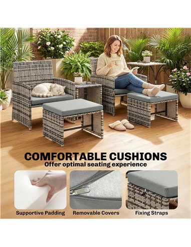 Outsunny 6 Piece Rattan Garden Furniture, Space-Saving Patio Furniture Set with Nesting Tables, Chairs, Stools, Cushions, Grey