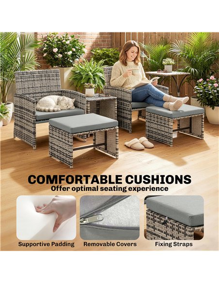 Outsunny 6 Piece Rattan Garden Furniture, Space-Saving Patio Furniture Set with Nesting Tables, Chairs, Stools, Cushions, Grey - pic 198815 | FastDaddyshop