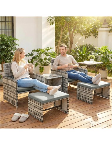 Outsunny 6 Piece Rattan Garden Furniture, Space-Saving Patio Furniture Set with Nesting Tables, Chairs, Stools, Cushions, Grey