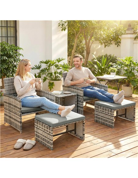 Outsunny 6 Piece Rattan Garden Furniture, Space-Saving Patio Furniture Set with Nesting Tables, Chairs, Stools, Cushions, Grey - pic 198816 | FastDaddyshop