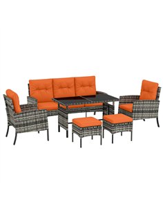 Outsunny 6 Pieces Rattan Garden Furniture Set with Dining Table and Cushions, Orange