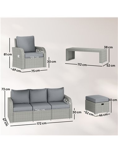 Outsunny Six-piece Rattan Garden Furniture Set with Reclining Armchairs - Dark Grey