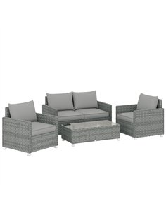 Outsunny 4 Piece Rattan Garden Furniture Set with Loveseat, 2 Armchairs, Glass-Top Table, Wicker Patio Conversation Set, Grey