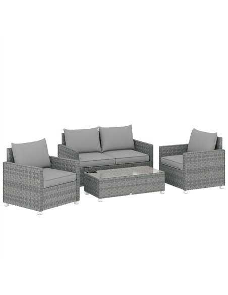Outsunny 4 Piece Rattan Garden Furniture Set with Loveseat, 2 Armchairs, Glass-Top Table, Wicker Patio Conversation Set, Grey - pic 198835 | FastDaddyshop