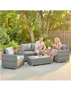 Outsunny 4 Piece Rattan Garden Furniture Set with Loveseat, 2 Armchairs, Glass-Top Table, Wicker Patio Conversation Set, Grey 2