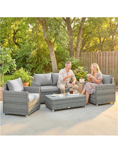Outsunny 4 Piece Rattan Garden Furniture Set with Loveseat, 2 Armchairs, Glass-Top Table, Wicker Patio Conversation Set, Grey