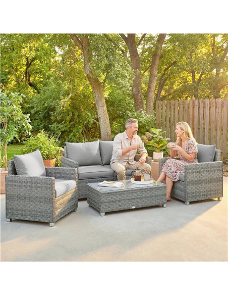 Outsunny 4 Piece Rattan Garden Furniture Set with Loveseat, 2 Armchairs, Glass-Top Table, Wicker Patio Conversation Set, Grey - pic 198836 | FastDaddyshop