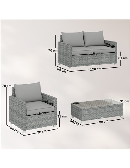 Outsunny 4 Piece Rattan Garden Furniture Set with Loveseat, 2 Armchairs, Glass-Top Table, Wicker Patio Conversation Set, Grey - pic 198837 | FastDaddyshop