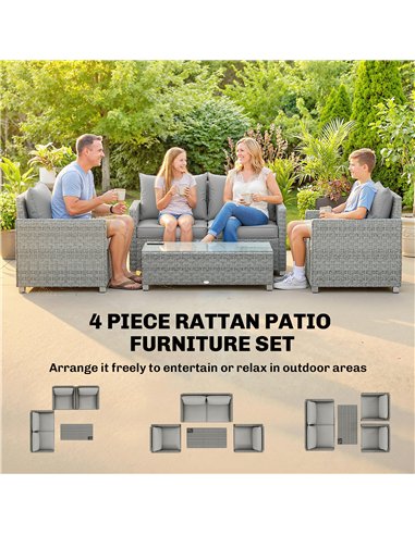 Outsunny 4 Piece Rattan Garden Furniture Set with Loveseat, 2 Armchairs, Glass-Top Table, Wicker Patio Conversation Set, Grey