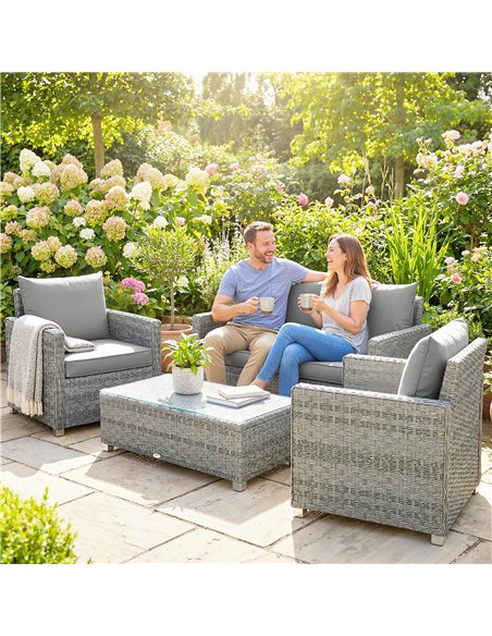Outsunny 4 Piece Rattan Garden Furniture Set with Loveseat, 2 Armchairs, Glass-Top Table, Wicker Patio Conversation Set, Grey - pic 198842 | FastDaddyshop