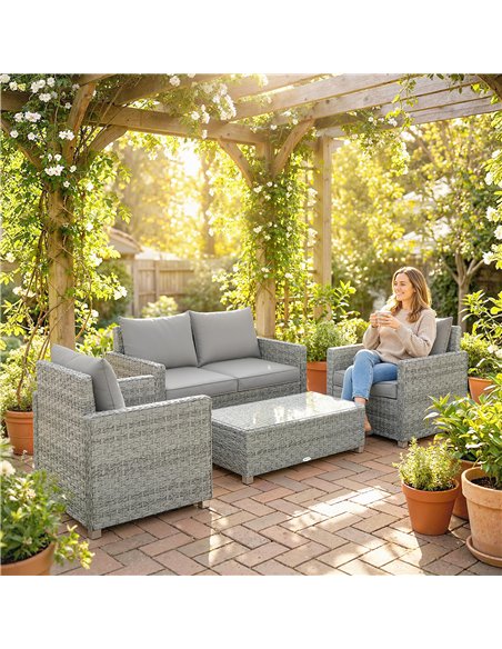 Outsunny 4 Piece Rattan Garden Furniture Set with Loveseat, 2 Armchairs, Glass-Top Table, Wicker Patio Conversation Set, Grey - pic 198843 | FastDaddyshop