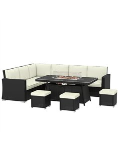 Outsunny 7 Pieces PE Rattan Garden Furniture Set, 50,000 BTU Gas Fire Pit Table, Double Corner Sofa and 3 Footstools