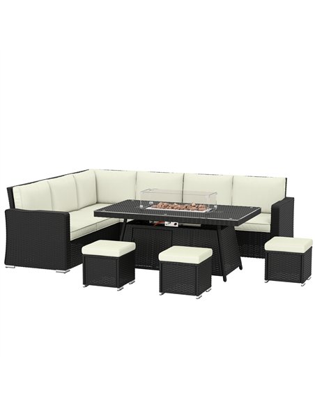 Outsunny 7 Pieces PE Rattan Garden Furniture Set, 50,000 BTU Gas Fire Pit Table, Double Corner Sofa and 3 Footstools - pic 198844 | FastDaddyshop