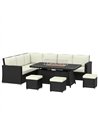 Outsunny 7 Pieces PE Rattan Garden Furniture Set, 50,000 BTU Gas Fire Pit Table, Double Corner Sofa and 3 Footstools