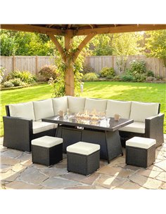 Outsunny 7 Pieces PE Rattan Garden Furniture Set, 50,000 BTU Gas Fire Pit Table, Double Corner Sofa and 3 Footstools 2