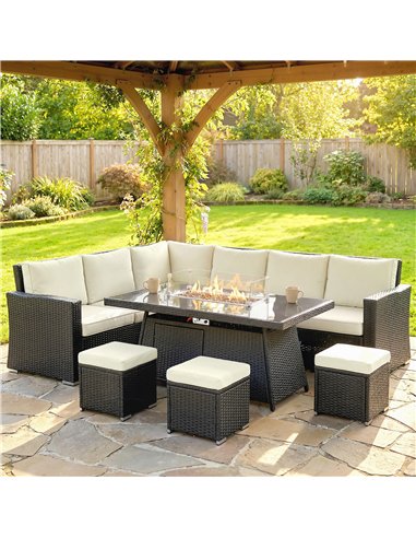 Outsunny 7 Pieces PE Rattan Garden Furniture Set, 50,000 BTU Gas Fire Pit Table, Double Corner Sofa and 3 Footstools