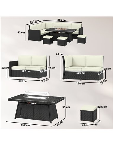 Outsunny 7 Pieces PE Rattan Garden Furniture Set, 50,000 BTU Gas Fire Pit Table, Double Corner Sofa and 3 Footstools