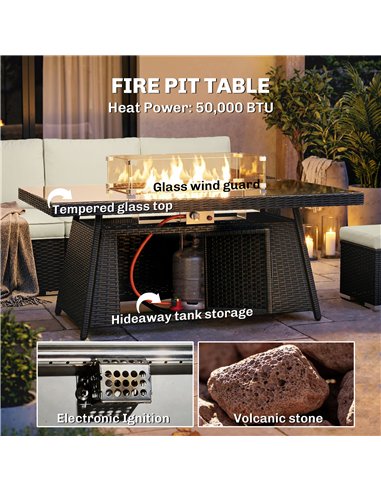 Outsunny 7 Pieces PE Rattan Garden Furniture Set, 50,000 BTU Gas Fire Pit Table, Double Corner Sofa and 3 Footstools