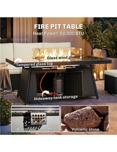 Outsunny 7 Pieces PE Rattan Garden Furniture Set, 50,000 BTU Gas Fire Pit Table, Double Corner Sofa and 3 Footstools - pic 198849 | FastDaddyshop
