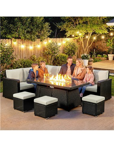 Outsunny 7 Pieces PE Rattan Garden Furniture Set, 50,000 BTU Gas Fire Pit Table, Double Corner Sofa and 3 Footstools