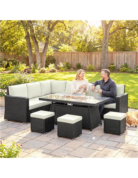 Outsunny 7 Pieces PE Rattan Garden Furniture Set, 50,000 BTU Gas Fire Pit Table, Double Corner Sofa and 3 Footstools - pic 198851 | FastDaddyshop