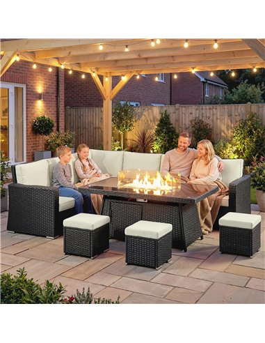 Outsunny 7 Pieces PE Rattan Garden Furniture Set, 50,000 BTU Gas Fire Pit Table, Double Corner Sofa and 3 Footstools