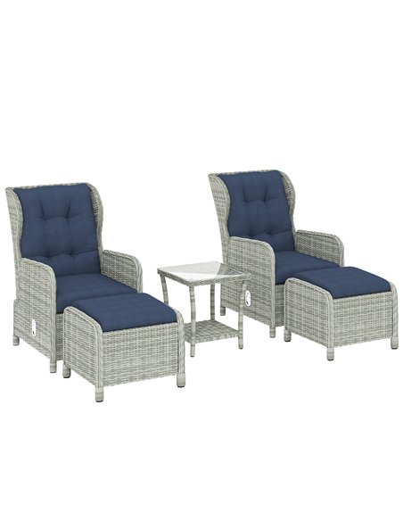 Outsunny 5 Piece Garden Furniture Set, Rattan Reclining Garden Chair Set of 2 with Footstool and Cushion for Balcony, Dark Blue - pic 198853 | FastDaddyshop