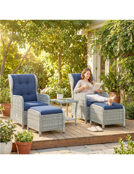 Outsunny 5 Piece Garden Furniture Set, Rattan Reclining Garden Chair Set of 2 with Footstool and Cushion for Balcony, Dark Blue - pic 198854 | FastDaddyshop