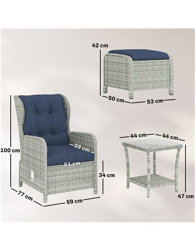 Outsunny 5 Piece Garden Furniture Set, Rattan Reclining Garden Chair Set of 2 with Footstool and Cushion for Balcony, Dark Blue