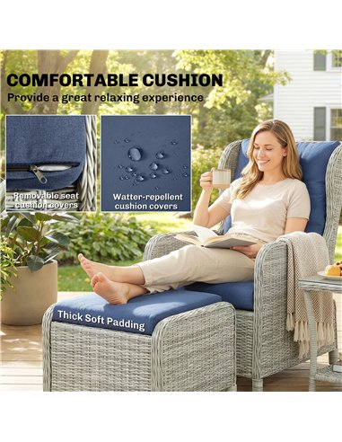 Outsunny 5 Piece Garden Furniture Set, Rattan Reclining Garden Chair Set of 2 with Footstool and Cushion for Balcony, Dark Blue