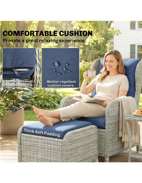 Outsunny 5 Piece Garden Furniture Set, Rattan Reclining Garden Chair Set of 2 with Footstool and Cushion for Balcony, Dark Blue - pic 198857 | FastDaddyshop