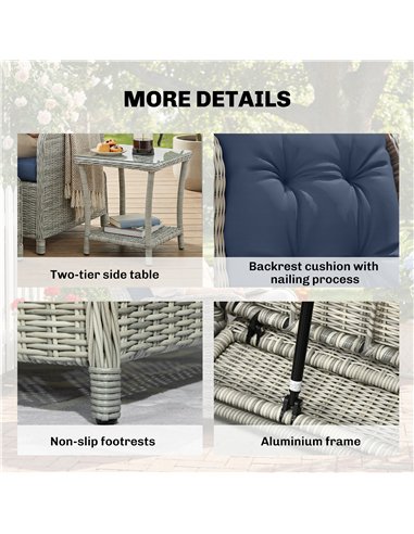 Outsunny 5 Piece Garden Furniture Set, Rattan Reclining Garden Chair Set of 2 with Footstool and Cushion for Balcony, Dark Blue