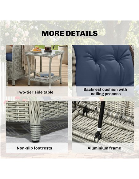 Outsunny 5 Piece Garden Furniture Set, Rattan Reclining Garden Chair Set of 2 with Footstool and Cushion for Balcony, Dark Blue - pic 198859 | FastDaddyshop