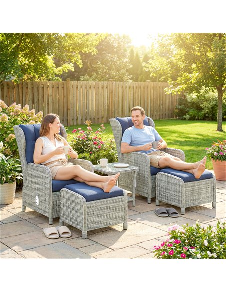 Outsunny 5 Piece Garden Furniture Set, Rattan Reclining Garden Chair Set of 2 with Footstool and Cushion for Balcony, Dark Blue - pic 198860 | FastDaddyshop