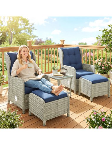 Outsunny 5 Piece Garden Furniture Set, Rattan Reclining Garden Chair Set of 2 with Footstool and Cushion for Balcony, Dark Blue