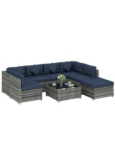 Outsunny 8 Pieces PE Rattan Corner Sofa Set, Outdoor Garden Furniture Set, Patio Wicker Sofa Seater with Cushion, Dark Blue