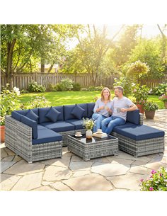 Outsunny 8 Pieces PE Rattan Corner Sofa Set, Outdoor Garden Furniture Set, Patio Wicker Sofa Seater with Cushion, Dark Blue 2