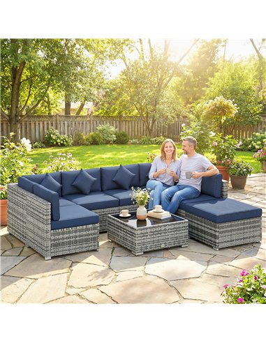 Outsunny 8 Pieces PE Rattan Corner Sofa Set, Outdoor Garden Furniture Set, Patio Wicker Sofa Seater with Cushion, Dark Blue