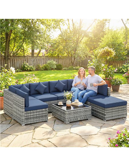 Outsunny 8 Pieces PE Rattan Corner Sofa Set, Outdoor Garden Furniture Set, Patio Wicker Sofa Seater with Cushion, Dark Blue - pic 198863 | FastDaddyshop