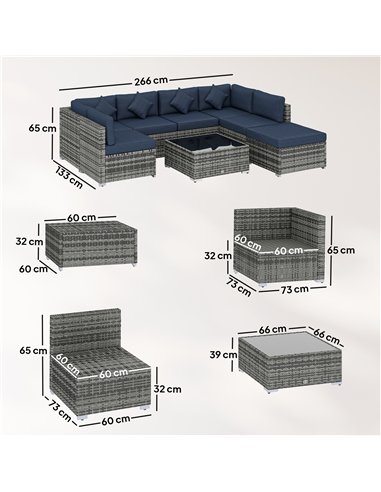 Outsunny 8 Pieces PE Rattan Corner Sofa Set, Outdoor Garden Furniture Set, Patio Wicker Sofa Seater with Cushion, Dark Blue