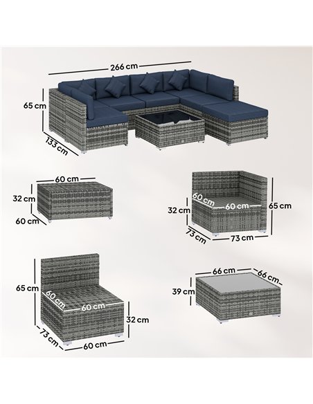 Outsunny 8 Pieces PE Rattan Corner Sofa Set, Outdoor Garden Furniture Set, Patio Wicker Sofa Seater with Cushion, Dark Blue - pic 198864 | FastDaddyshop