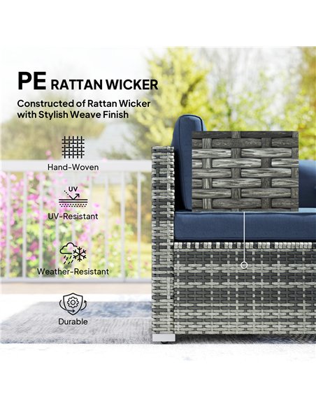 Outsunny 8 Pieces PE Rattan Corner Sofa Set, Outdoor Garden Furniture Set, Patio Wicker Sofa Seater with Cushion, Dark Blue - pic 198865 | FastDaddyshop