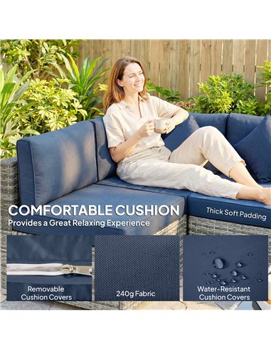 Outsunny 8 Pieces PE Rattan Corner Sofa Set, Outdoor Garden Furniture Set, Patio Wicker Sofa Seater with Cushion, Dark Blue